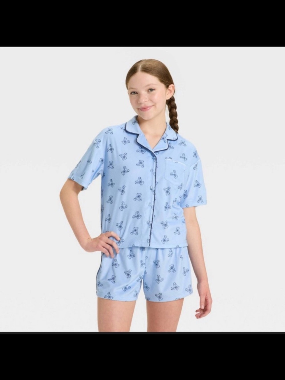 Art Class Bear Short Sleeve Button-Down Pajama Set Blue Girls XXL NWT